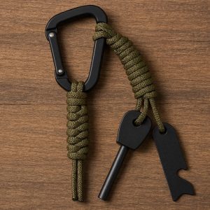 Carabiner Clip with Paracord Lanyard and Firestarter Striker for Survival Kits