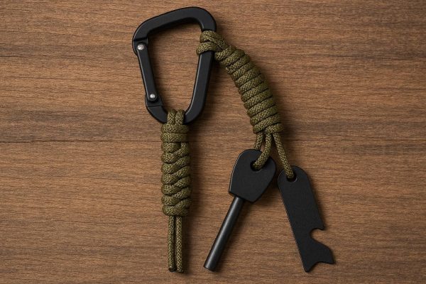 Carabiner Clip with Paracord Lanyard and Firestarter Striker for Survival Kits
